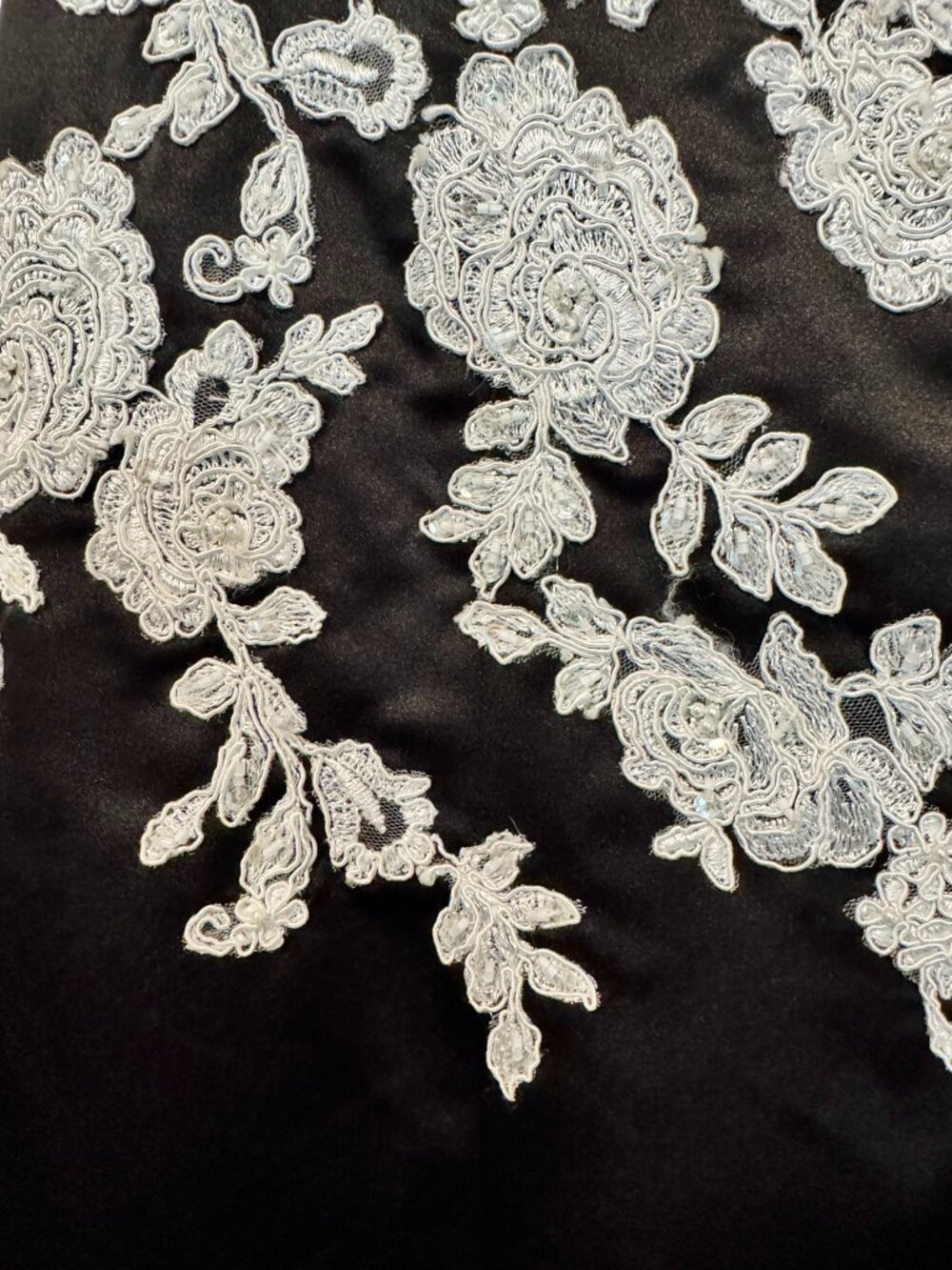 JOVANI Black Satin Strapless A‑Line Gown—White Lace & Beaded Floral Appliqué — 6 - Picture 4 of 9